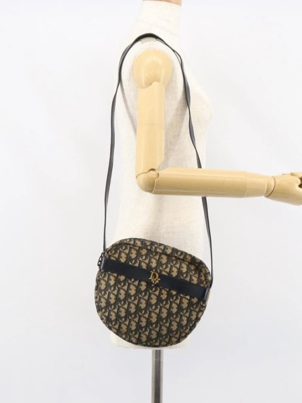 Christian Dior Trotter Canvas Shoulder Bag Navy Gold Auth 158694